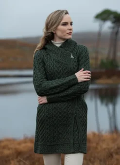 Womens Irish Knitwear|Ladies Cardigans*Sweater Shop Long Heart Design Hooded Coat - Army Green