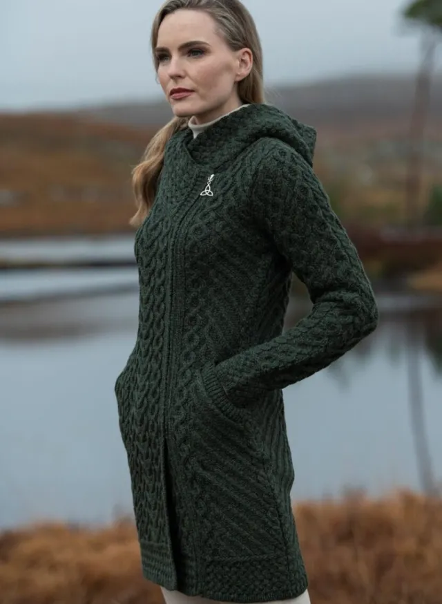 Womens Irish Knitwear|Ladies Cardigans*Sweater Shop Long Heart Design Hooded Coat - Army Green