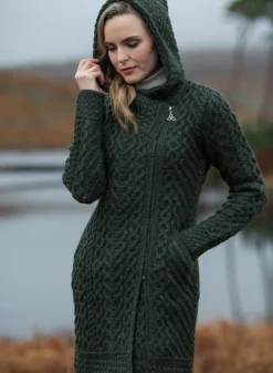 Womens Irish Knitwear|Ladies Cardigans*Sweater Shop Long Heart Design Hooded Coat - Army Green