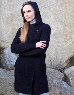 Womens Irish Knitwear|Ladies Cardigans*Sweater Shop Long Heart Design Hooded Coat - Navy