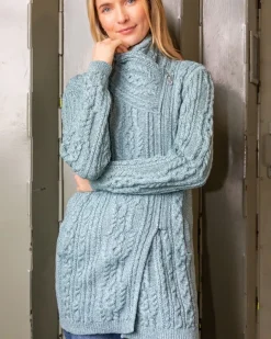 Womens Aran & Tweed Coats|Womens Irish Knitwear*Sweater Shop Long Side Zip Biker Jacket - 100% Merino Wool Aqua