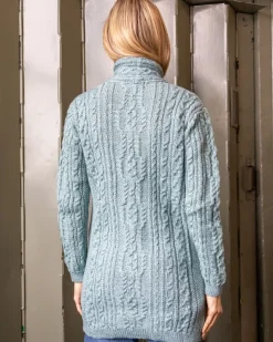 Womens Aran & Tweed Coats|Womens Irish Knitwear*Sweater Shop Long Side Zip Biker Jacket - 100% Merino Wool Aqua