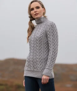 Womens Irish Knitwear|Womens Aran Fisherman Sweaters*Sweater Shop Luxurious Cable Knit Sweater - Grey