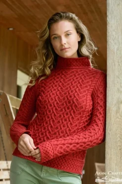 Womens Irish Knitwear|Womens Aran Fisherman Sweaters*Sweater Shop Luxurious Cable Knit Sweater - Ruby Red