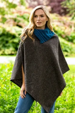 Womens Aran & Tweed Coats|Ladies Aran Ponchos & Capes*Sweater Shop Made in Ireland Tweed Poncho with Collar Grey