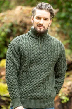 Mens Knitwear|Mens Fisherman Sweaters*Sweater Shop Mens Aran Half Zip Neck Sweater Army Green