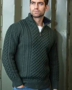 Mens Knitwear|Mens Fisherman Sweaters*Sweater Shop Mens Aran Half Zip Neck Sweater Army Green