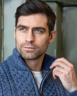 Mens Knitwear|Mens Fisherman Sweaters*Sweater Shop Mens Aran Half Zip Neck Sweater Denim Marl