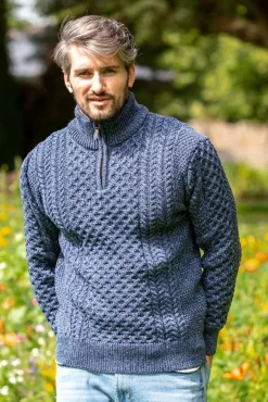 Mens Knitwear|Mens Fisherman Sweaters*Sweater Shop Mens Aran Half Zip Neck Sweater Denim Marl