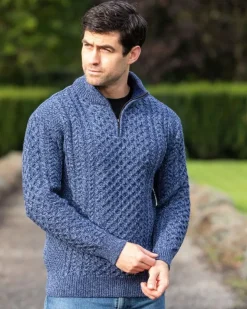 Mens Knitwear|Mens Fisherman Sweaters*Sweater Shop Mens Aran Half Zip Neck Sweater Denim Marl