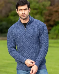 Mens Knitwear|Mens Fisherman Sweaters*Sweater Shop Mens Aran Half Zip Neck Sweater Denim Marl