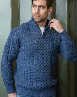 Mens Knitwear|Mens Fisherman Sweaters*Sweater Shop Mens Aran Half Zip Neck Sweater Denim Marl