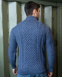 Mens Knitwear|Mens Fisherman Sweaters*Sweater Shop Mens Aran Half Zip Neck Sweater Denim Marl