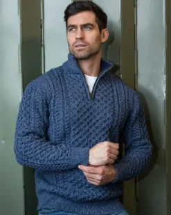Mens Knitwear|Mens Fisherman Sweaters*Sweater Shop Mens Aran Half Zip Neck Sweater Denim Marl