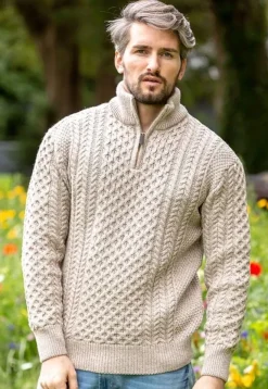 Mens Knitwear|Mens Fisherman Sweaters*Sweater Shop Mens Aran Half Zip Neck Sweater Beige