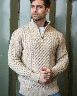 Mens Knitwear|Mens Fisherman Sweaters*Sweater Shop Mens Aran Half Zip Neck Sweater Beige