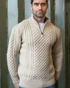 Mens Knitwear|Mens Fisherman Sweaters*Sweater Shop Mens Aran Half Zip Neck Sweater Beige
