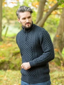 Mens Knitwear|Mens Fisherman Sweaters*Sweater Shop Mens Aran Half Zip Neck Sweater Blackwatch