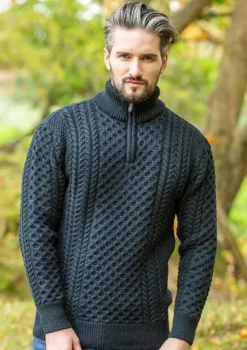 Mens Knitwear|Mens Fisherman Sweaters*Sweater Shop Mens Aran Half Zip Neck Sweater Blackwatch