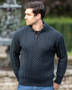 Mens Knitwear|Mens Fisherman Sweaters*Sweater Shop Mens Aran Half Zip Neck Sweater Blackwatch