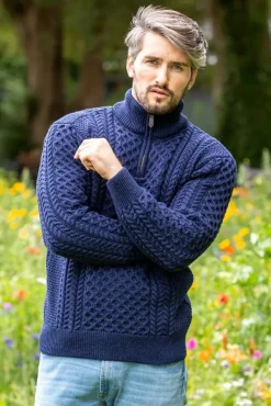 Mens Fisherman Sweaters|Mens Knitwear*Sweater Shop Mens Aran Half Zip Neck Sweater Deep Water Blue