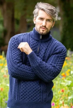 Mens Fisherman Sweaters|Mens Knitwear*Sweater Shop Mens Aran Half Zip Neck Sweater Deep Water Blue