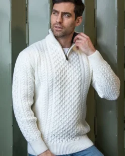 Mens Knitwear|Mens Fisherman Sweaters*Sweater Shop Mens Aran Half Zip Neck Sweater Natural