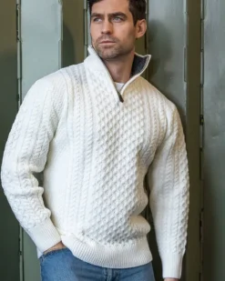 Mens Knitwear|Mens Fisherman Sweaters*Sweater Shop Mens Aran Half Zip Neck Sweater Natural