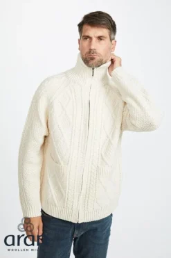 Mens Aran Cardigans|Mens Knitwear*Sweater Shop Mens Aran Handknit Full Zip Merino Wool Cardigan