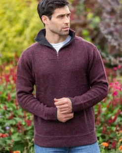 Mens Fisherman Sweaters|Mens Knitwear*Sweater Shop Men's Burgundy Lambswool Half Zip Sweater