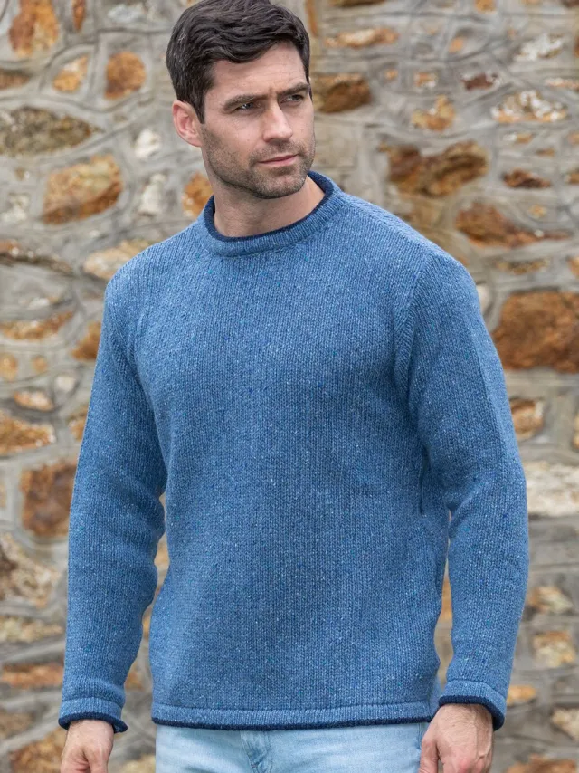 Cashmere And Merino Sweaters|Mens Knitwear*Sweater Shop Men's Crew Neck Wool and Cashmere Sweater Blue Ocean