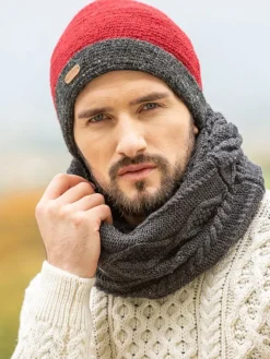 Aran Wool Hats|Mens Caps*Sweater Shop Mens Crochet Hat Red and Charcoal Rim
