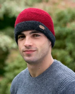 Aran Wool Hats|Mens Caps*Sweater Shop Mens Crochet Hat Red and Charcoal Rim