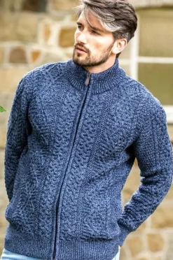 Mens Aran Cardigans|Mens Knitwear*Sweater Shop Mens Fisherman Full zip Cardigan Denim Marl