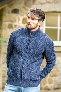 Mens Aran Cardigans|Mens Knitwear*Sweater Shop Mens Fisherman Full zip Cardigan Denim Marl