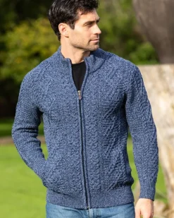 Mens Aran Cardigans|Mens Knitwear*Sweater Shop Mens Fisherman Full zip Cardigan Denim Marl