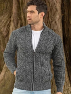 Mens Aran Cardigans|Mens Knitwear*Sweater Shop Men's Fisherman Full Zip Cardigan - Slate
