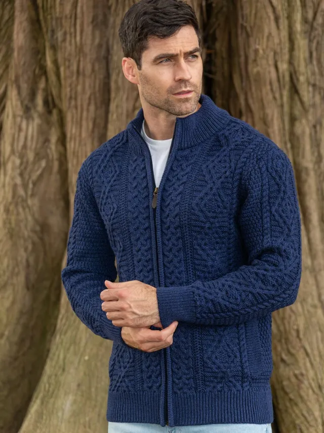 Mens Knitwear|Mens Aran Cardigans*Sweater Shop Men's Fisherman Full Zip Cardigan Deep Water Blue