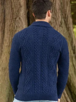 Mens Knitwear|Mens Aran Cardigans*Sweater Shop Men's Fisherman Full Zip Cardigan Deep Water Blue