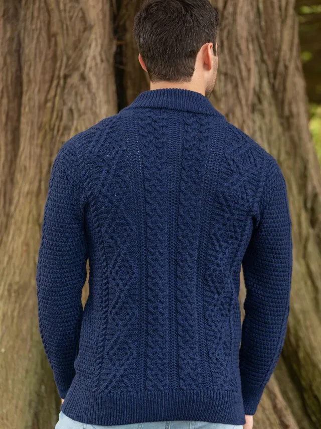 Mens Knitwear|Mens Aran Cardigans*Sweater Shop Men's Fisherman Full Zip Cardigan Deep Water Blue