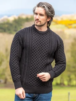 Mens Knitwear*Sweater Shop Mens Fisherman Merino Wool Sweater Black