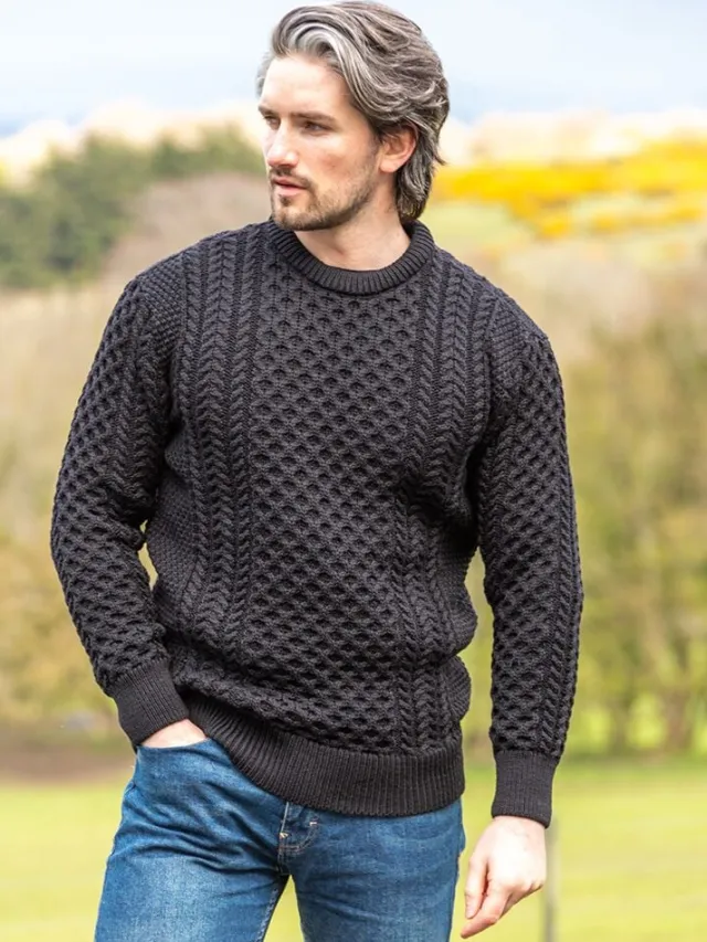 Mens Knitwear*Sweater Shop Mens Fisherman Merino Wool Sweater Black