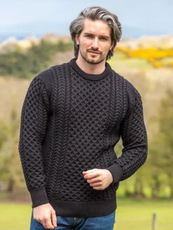 Mens Knitwear*Sweater Shop Mens Fisherman Merino Wool Sweater Black