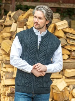 Mens Grandfather Shirts|Mens Waistcoats*Sweater Shop Mens Full Zip Aran Waistcoat Blackwatch