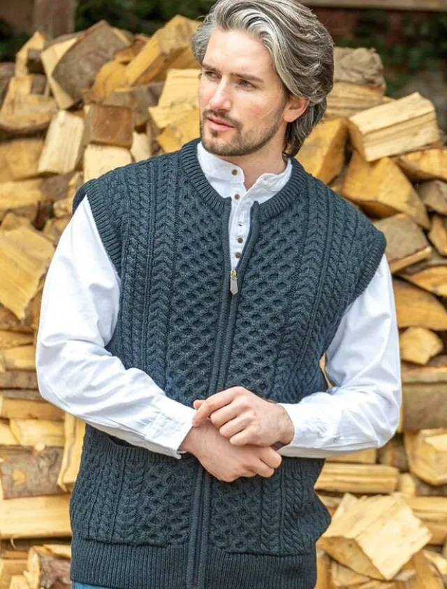 Mens Grandfather Shirts|Mens Waistcoats*Sweater Shop Mens Full Zip Aran Waistcoat Blackwatch
