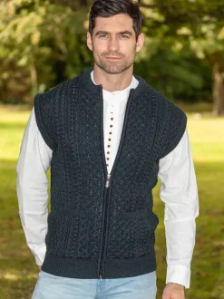 Mens Grandfather Shirts|Mens Waistcoats*Sweater Shop Mens Full Zip Aran Waistcoat Blackwatch