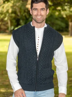 Mens Grandfather Shirts|Mens Waistcoats*Sweater Shop Mens Full Zip Aran Waistcoat Blackwatch