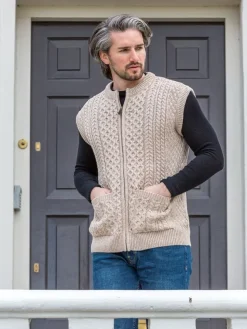 Mens Waistcoats|Mens Aran Cardigans*Sweater Shop Mens Full Zip Waistcoat Parsnip