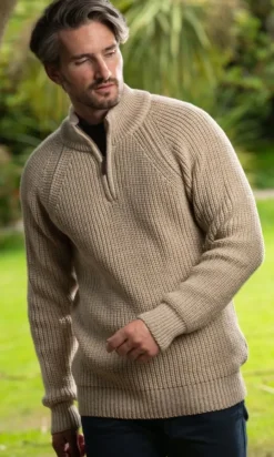 Mens Fisherman Sweaters*Sweater Shop Men's half zip ribbed sweater Camel