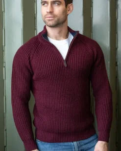 Mens Fisherman Sweaters|Mens Knitwear*Sweater Shop Men's half zip ribbed sweater Berry